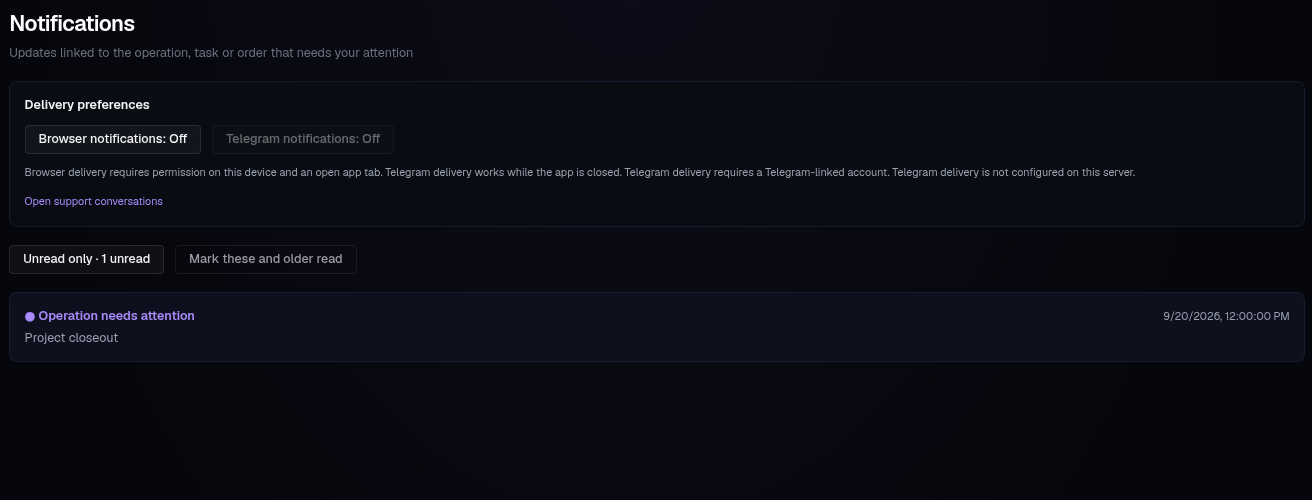 Notifications and delivery preferences. Example account.