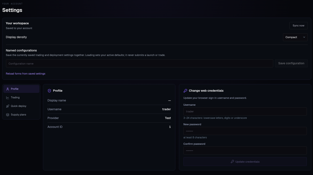 Your workspace settings and account save status. Example account.