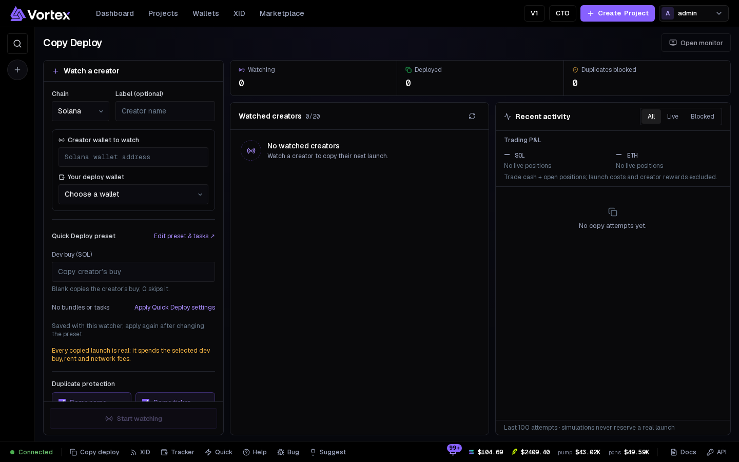 The Copy Deploy page: Watch a creator, Watched creators and Recent activity