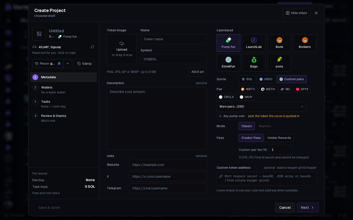 The pair-token picker after Quote, Custom pairs