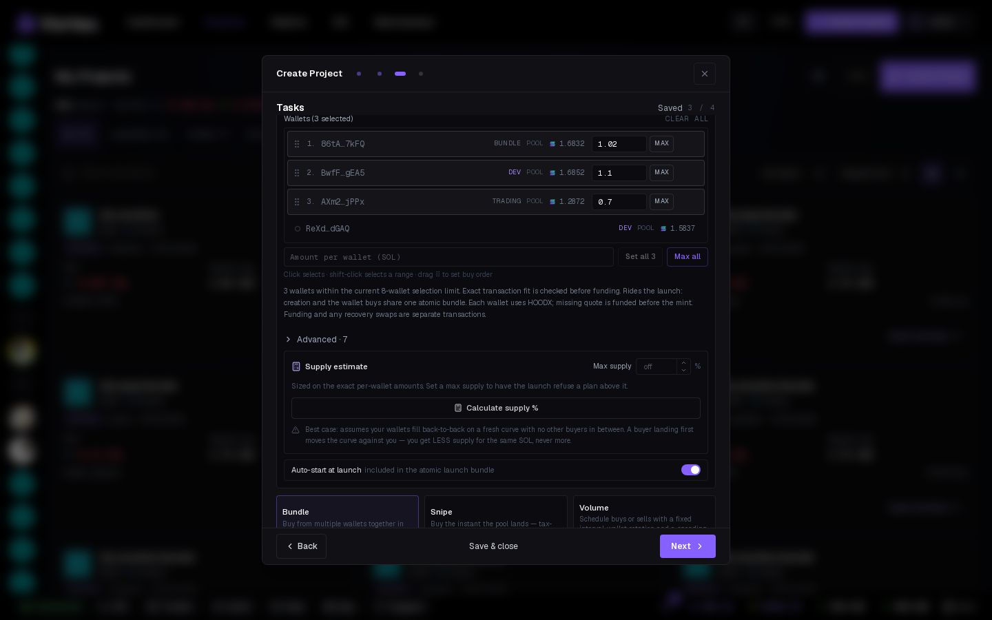 Tasks step with a Snipe and a Volume task added.