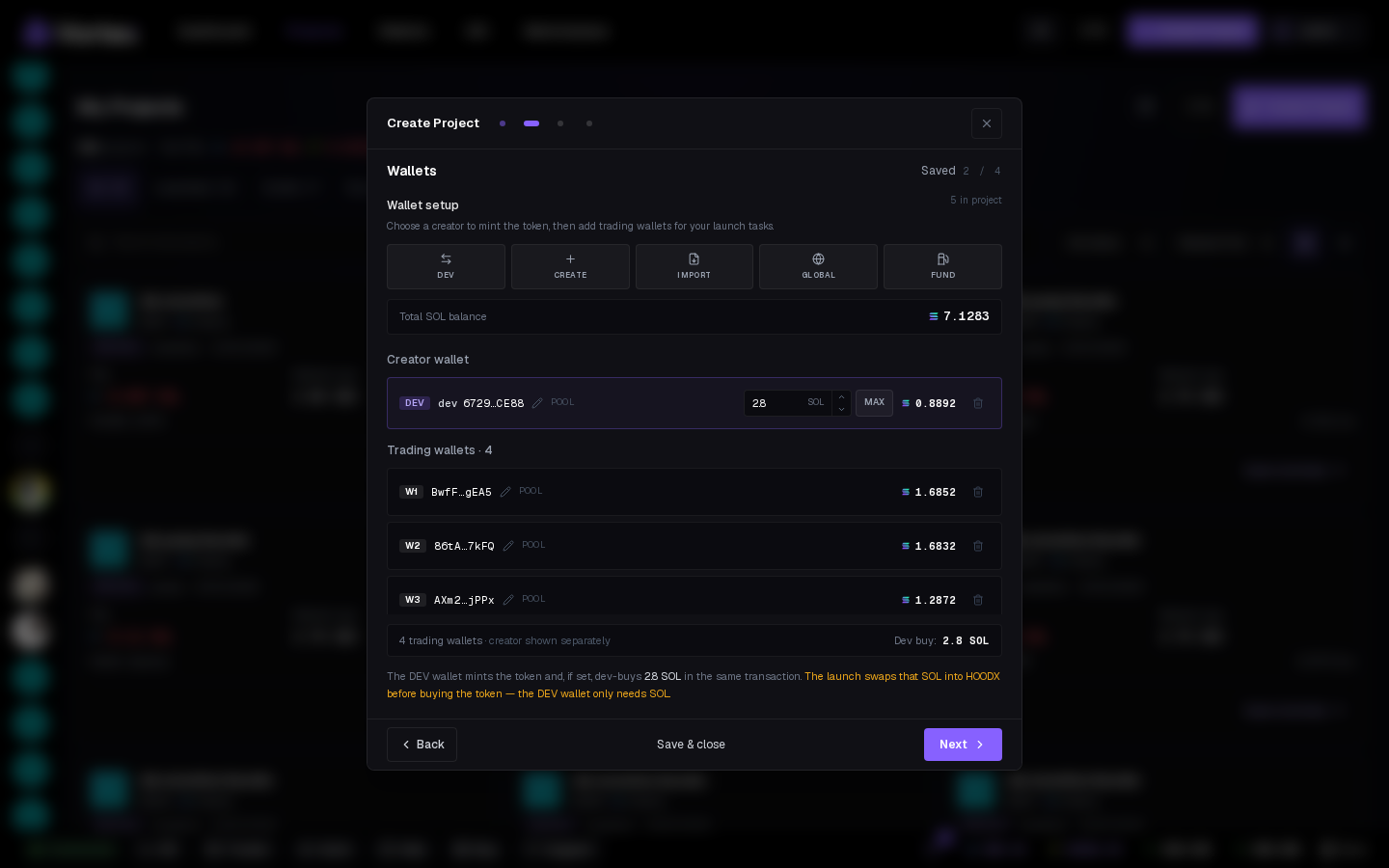 Wallets step with a dev wallet and three project wallets.