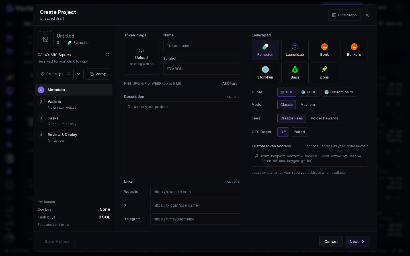 The Create Project wizard on Metadata, with its four steps on the left