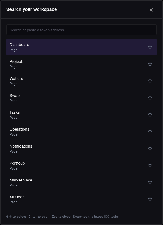 Workspace search with page and account shortcuts. Example account.