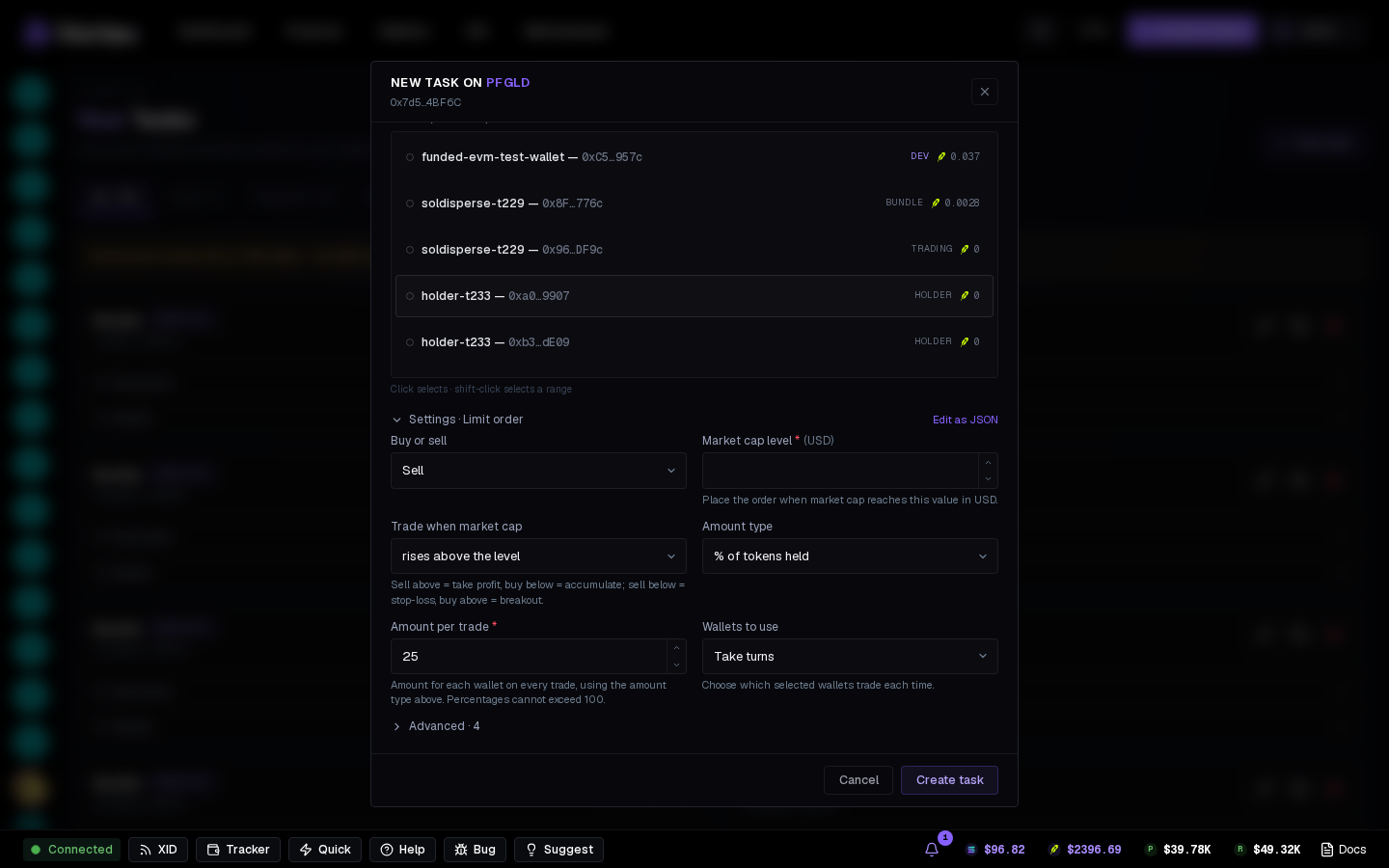 A Limit order task's settings.