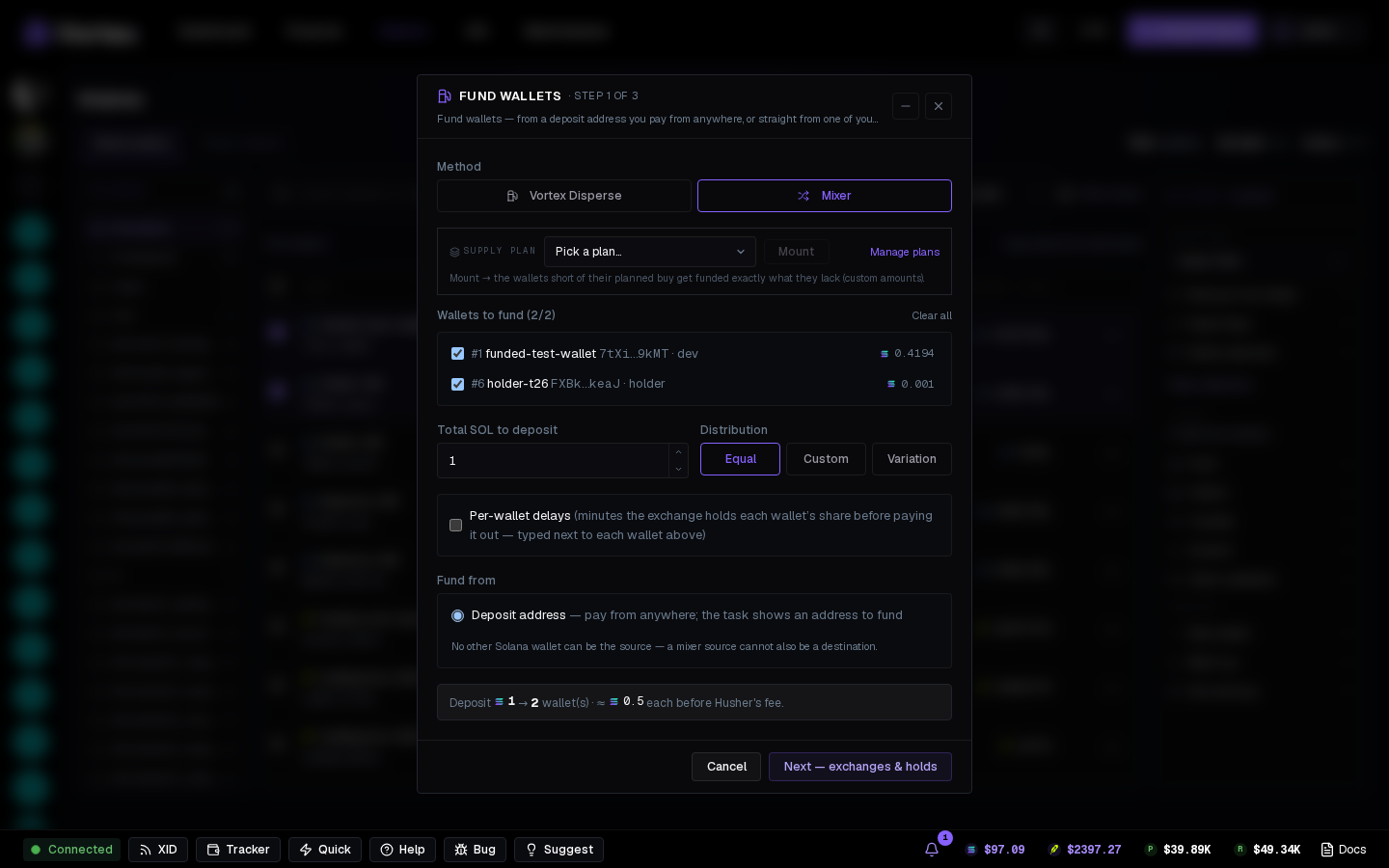 Fund wallets with the Mixer method picked.