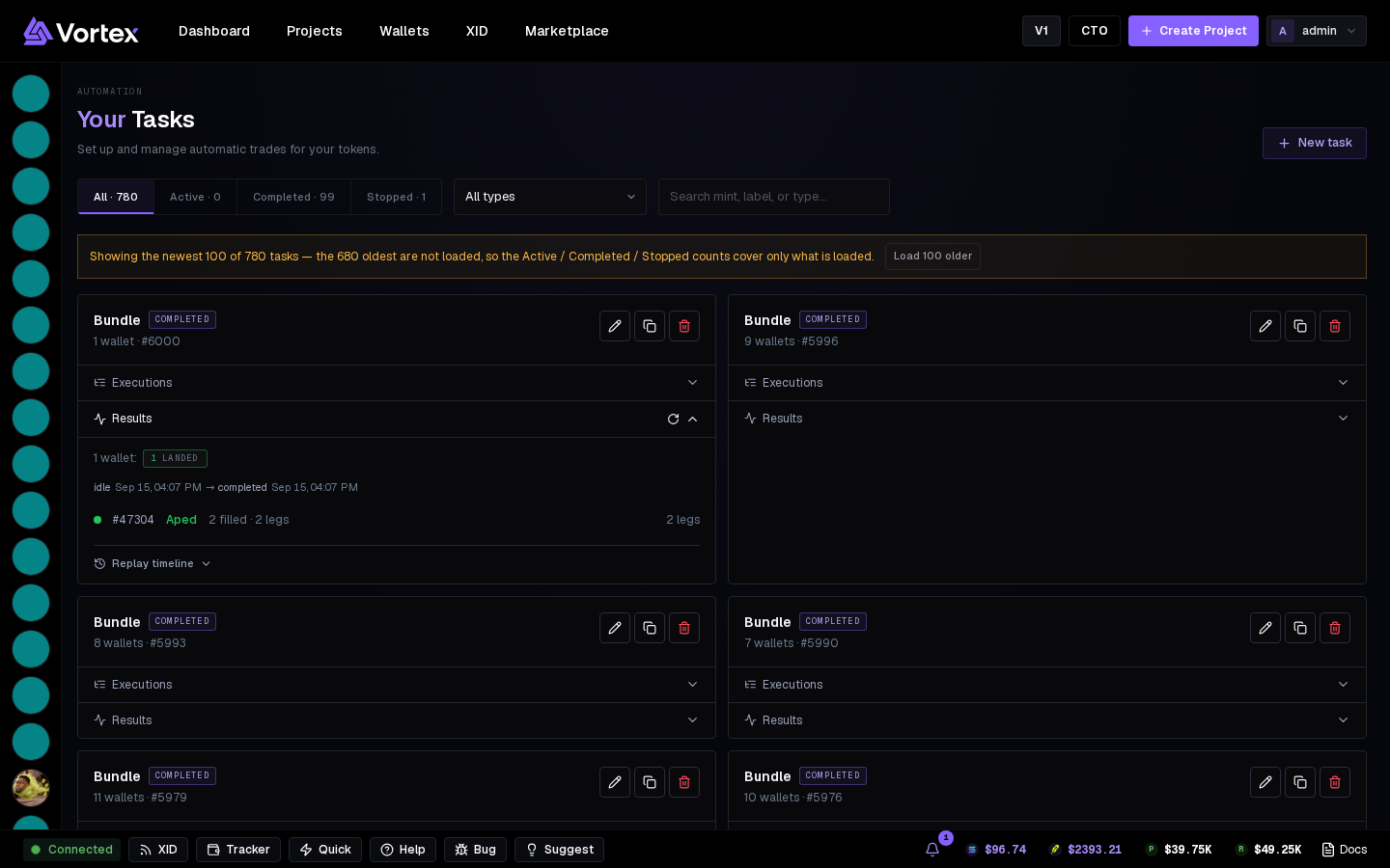 The Tasks page with a card's Results open.