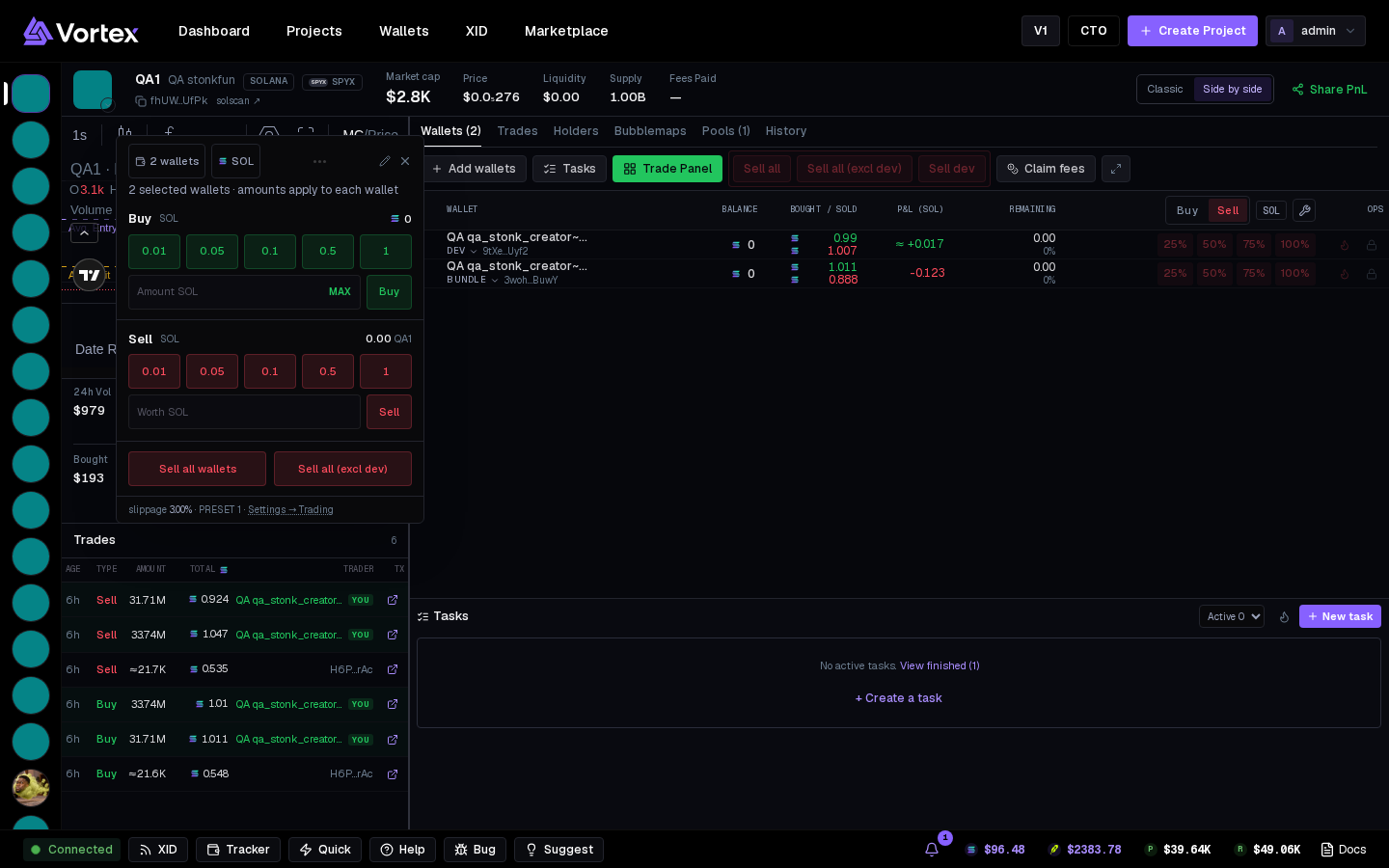 The Trade panel open over the terminal.