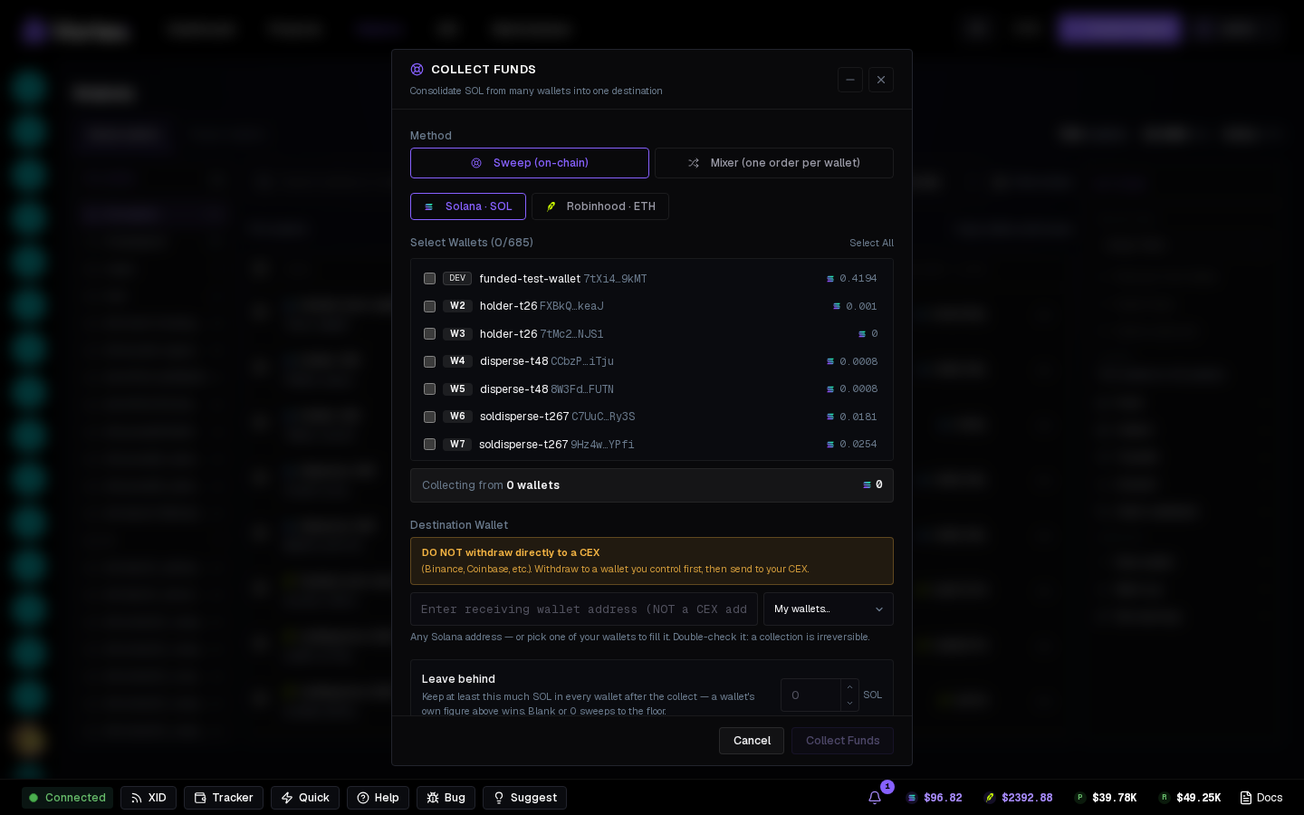 Collect funds with wallets selected.