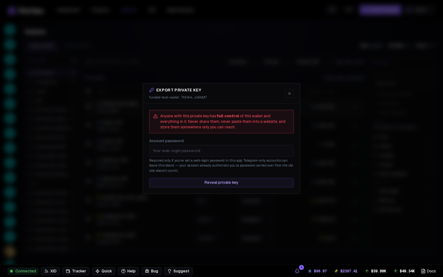 The Export private key modal.