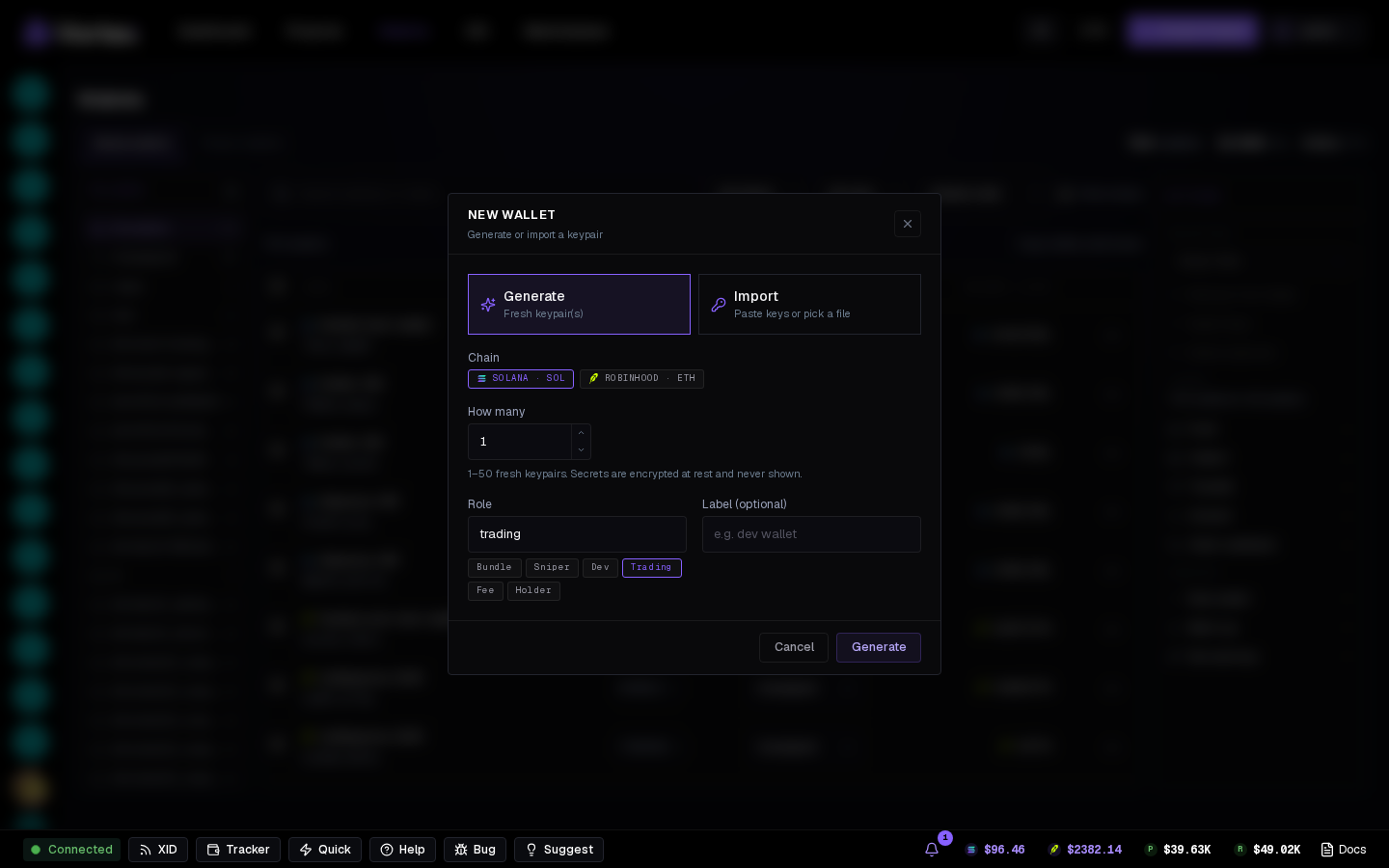 The New wallet modal.